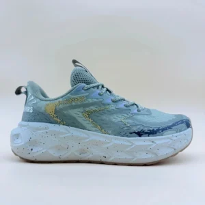 Light blue and white athletic running shoe.