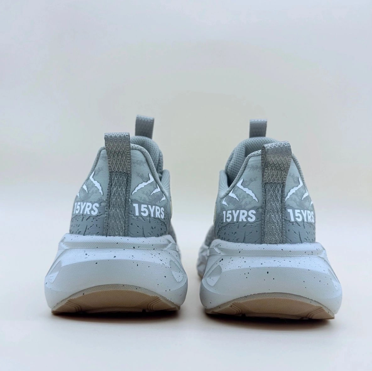 Gray sneakers with "15YRS" text on back.